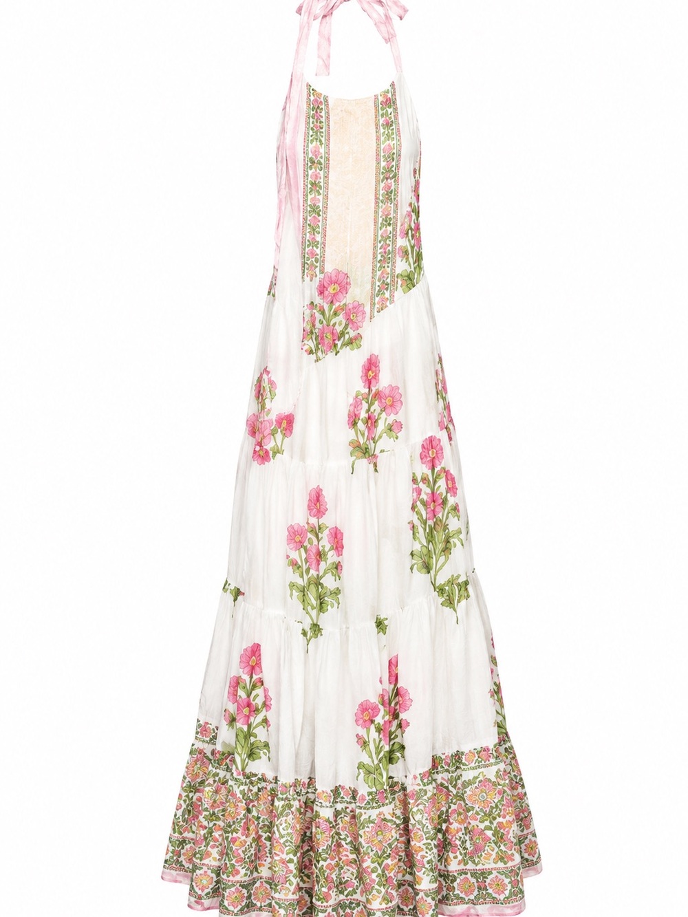 Juliet Dunn White Midi Dress with Pink and Green Floral Embroidery